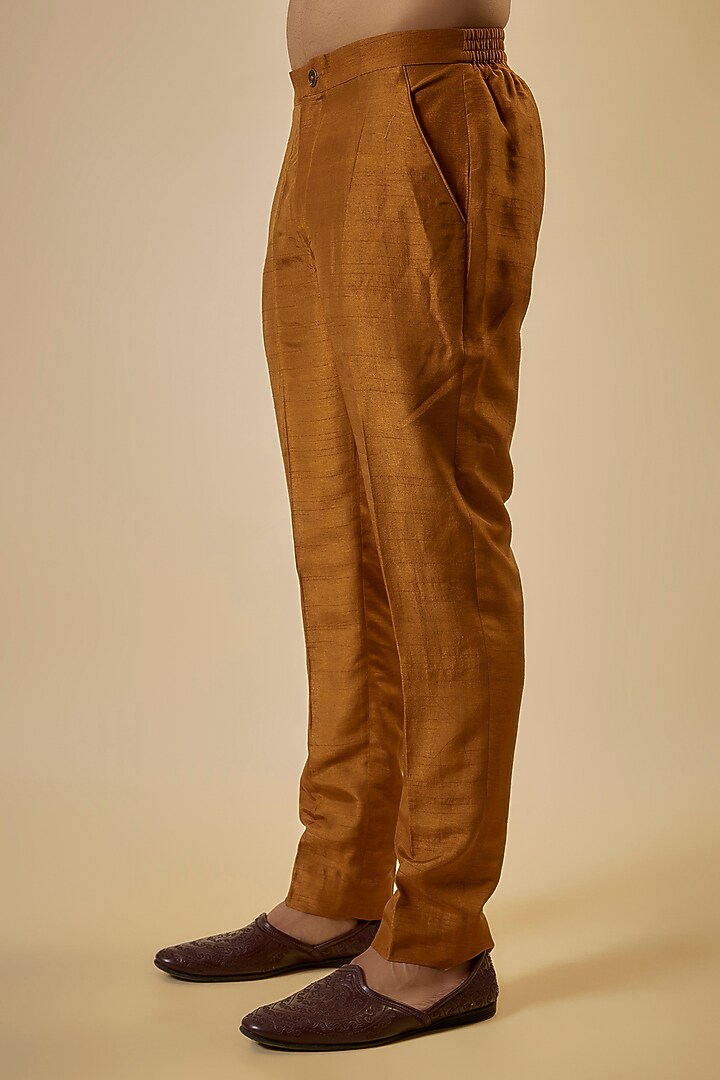 Ochre Cotton Silk & Slub Silk Embroidered Kurta Set by Torani Men at Pernia's Pop Up Shop