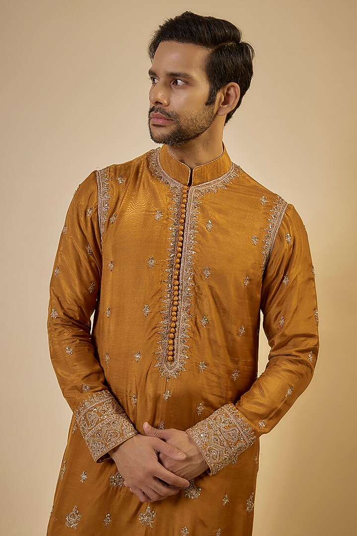 Ochre Cotton Silk & Slub Silk Embroidered Kurta Set by Torani Men at Pernia's Pop Up Shop