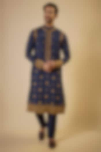 Blue Cotton Silk & Slub Silk Embroidered Kurta Set by Torani Men at Pernia's Pop Up Shop