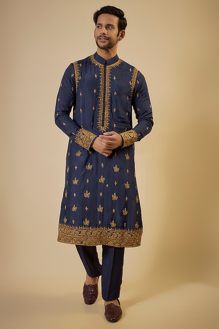 Blue Cotton Silk & Slub Silk Embroidered Kurta Set by Torani Men at Pernia's Pop Up Shop