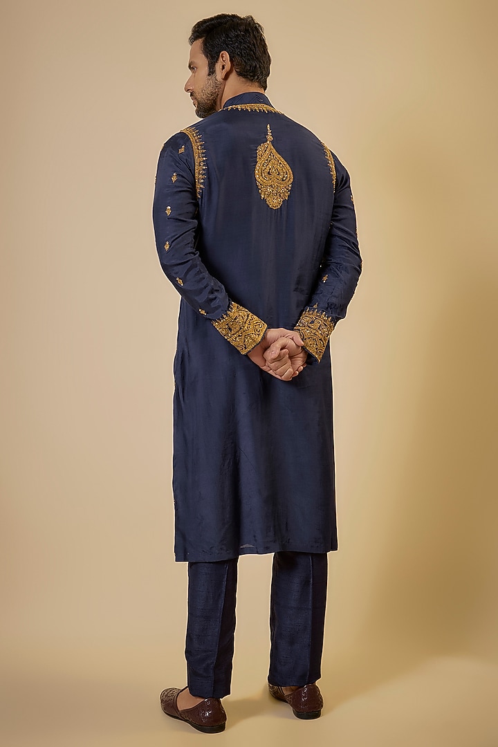 Blue Cotton Silk & Slub Silk Embroidered Kurta Set by Torani Men at Pernia's Pop Up Shop