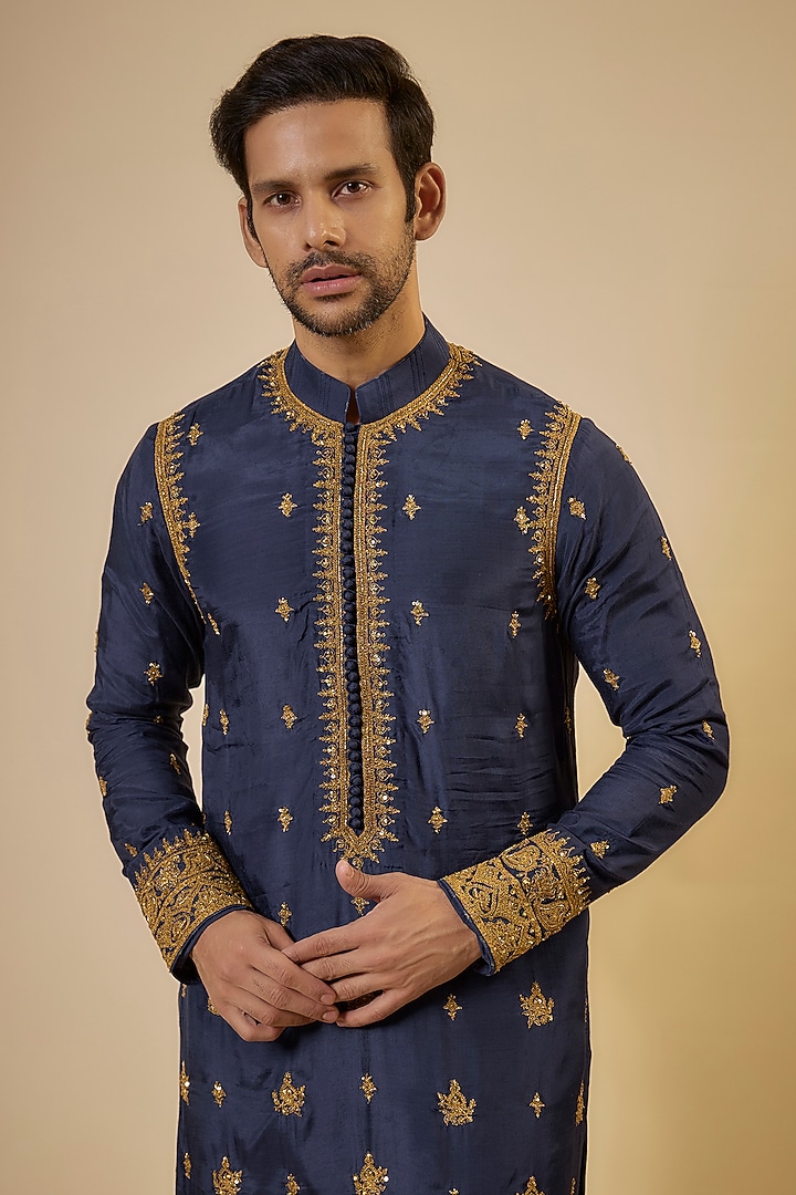 Blue Cotton Silk & Slub Silk Embroidered Kurta Set by Torani Men at Pernia's Pop Up Shop