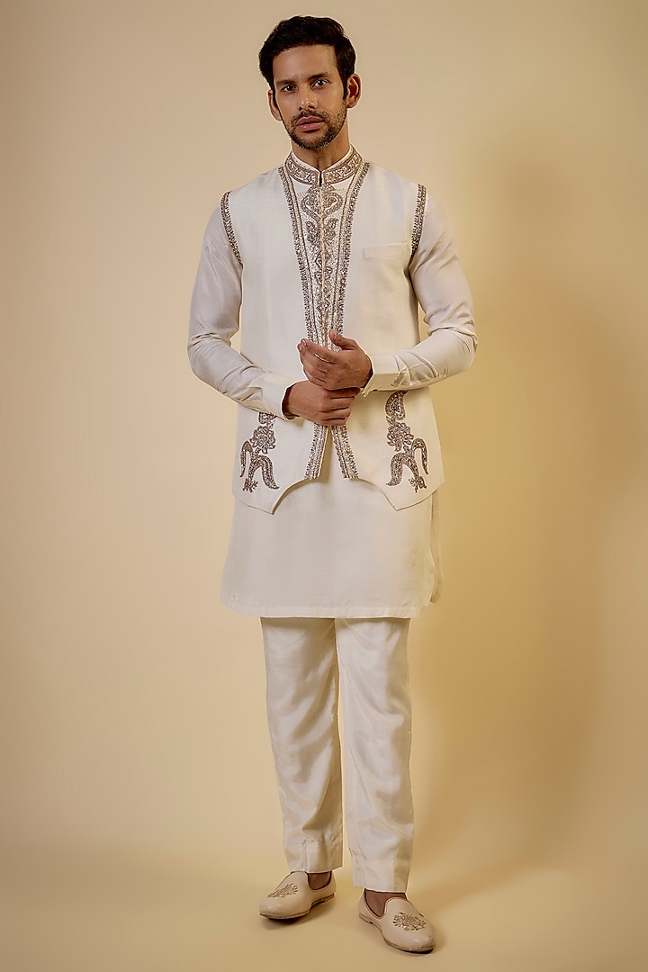 Ivory Cotton Silk & Slub Silk Embroidered Nehru Jacket Set by Torani Men at Pernia's Pop Up Shop