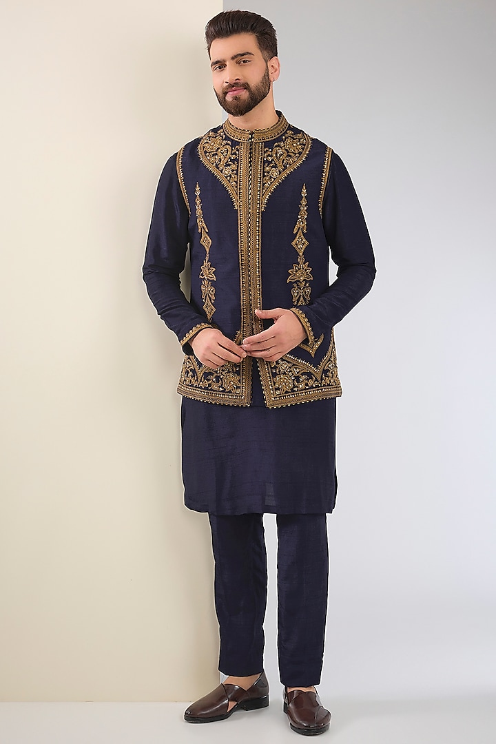 Navy Blue Cotton Silk & Slub Silk Embroidered Nehru Jacket Set by Torani Men