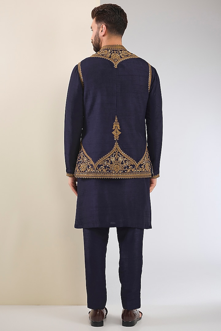 Navy Blue Cotton Silk & Slub Silk Embroidered Nehru Jacket Set by Torani Men at Pernia's Pop Up Shop