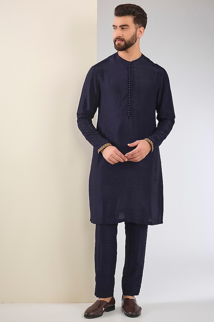 Navy Blue Cotton Silk & Slub Silk Embroidered Nehru Jacket Set by Torani Men at Pernia's Pop Up Shop