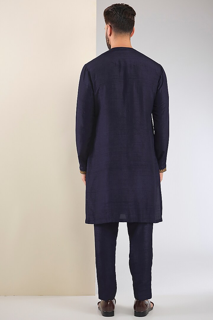 Navy Blue Cotton Silk & Slub Silk Embroidered Nehru Jacket Set by Torani Men at Pernia's Pop Up Shop