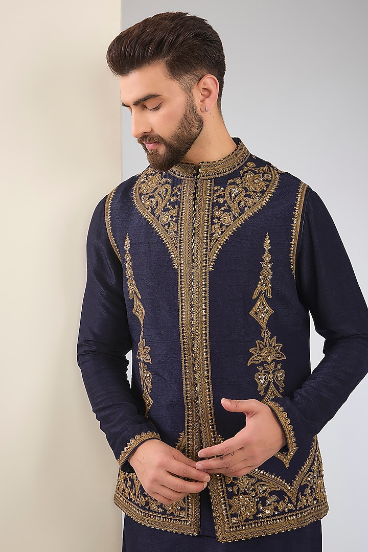 Navy Blue Cotton Silk & Slub Silk Embroidered Nehru Jacket Set by Torani Men at Pernia's Pop Up Shop