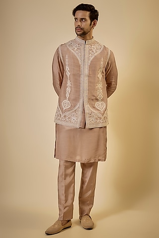 Mauve Cotton Silk & Slub Silk Embroidered Nehru Jacket Set by Torani Men