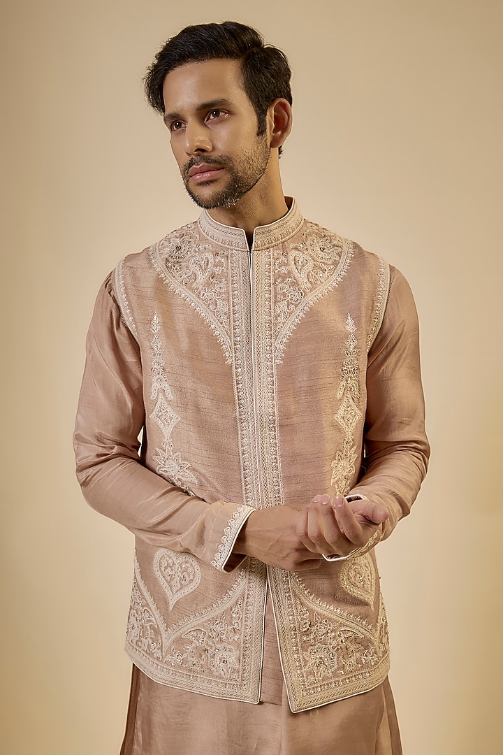 Mauve Cotton Silk & Slub Silk Embroidered Nehru Jacket Set by Torani Men at Pernia's Pop Up Shop