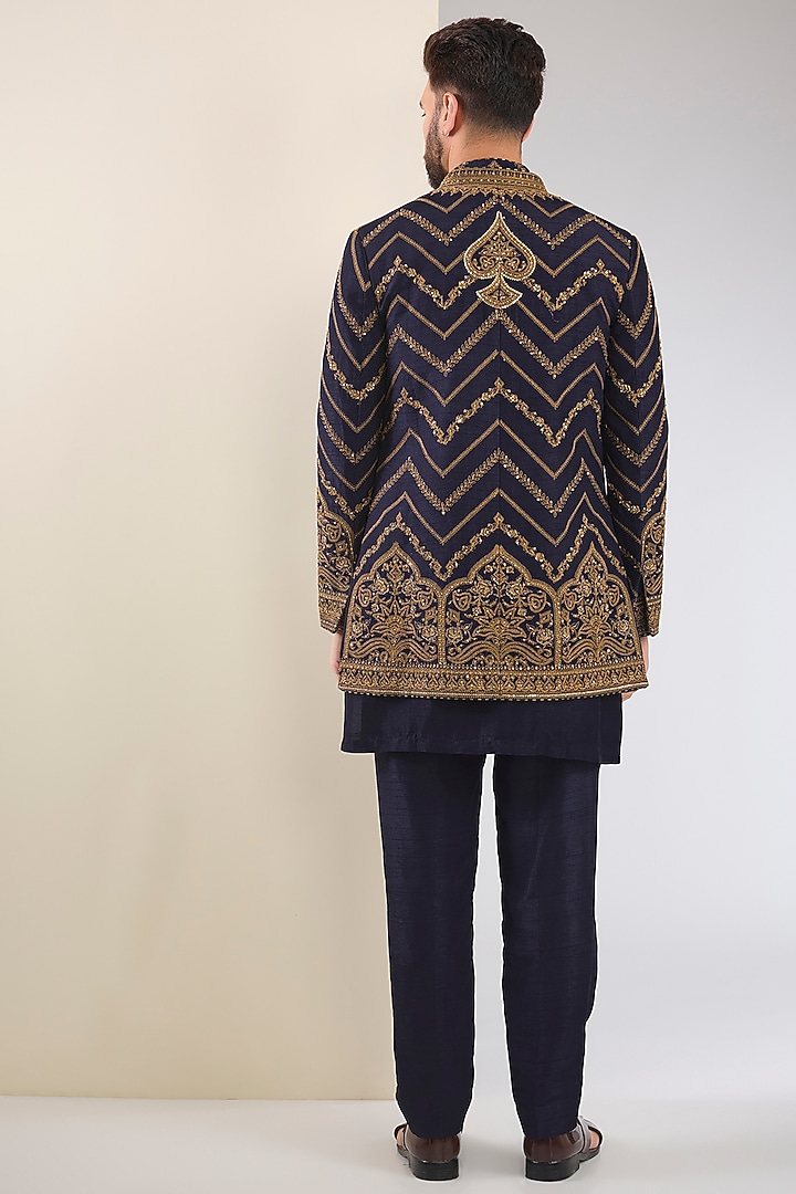 Navy Blue Cotton Silk & Slub Silk Embroidered Indo-Western Set by Torani Men at Pernia's Pop Up Shop