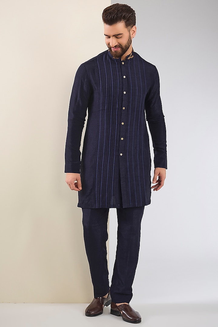 Navy Blue Cotton Silk & Slub Silk Embroidered Indo-Western Set by Torani Men at Pernia's Pop Up Shop