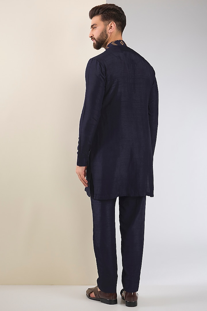 Navy Blue Cotton Silk & Slub Silk Embroidered Indo-Western Set by Torani Men at Pernia's Pop Up Shop