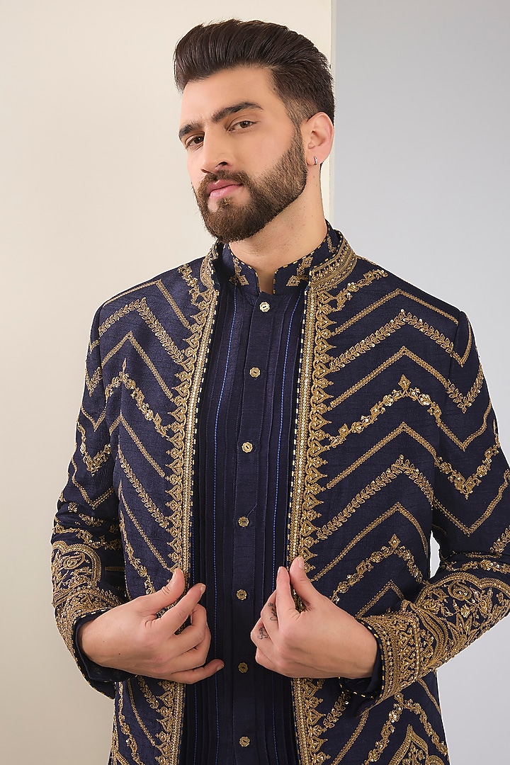 Navy Blue Cotton Silk & Slub Silk Embroidered Indo-Western Set by Torani Men at Pernia's Pop Up Shop