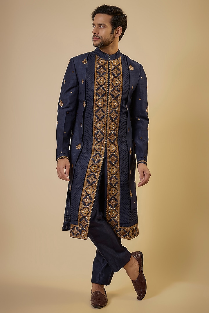 Blue Cotton Silk & Slub Silk Embroidered Groom Sherwani Set by Torani Men at Pernia's Pop Up Shop