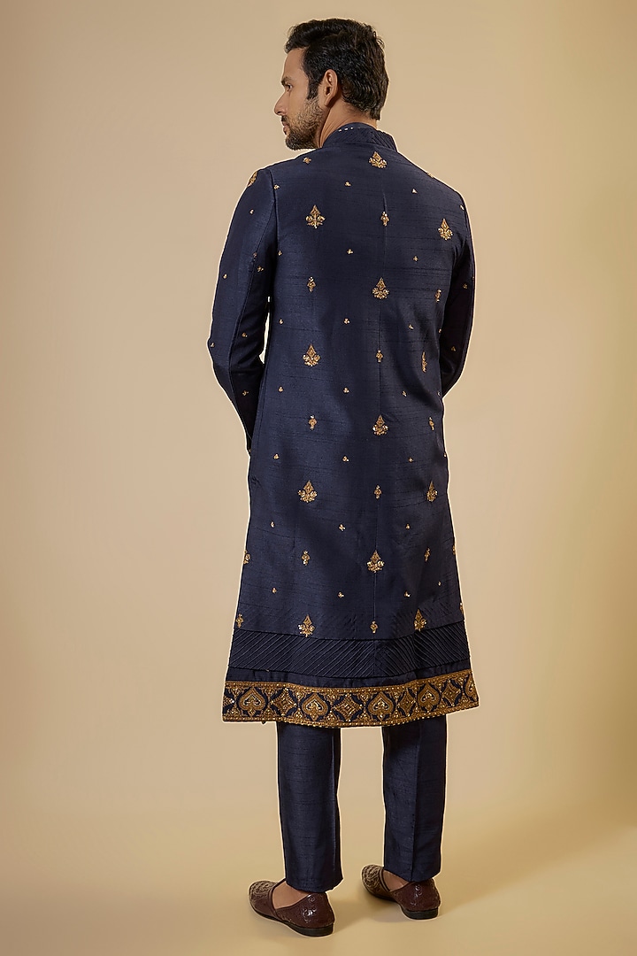 Blue Cotton Silk & Slub Silk Embroidered Groom Sherwani Set by Torani Men at Pernia's Pop Up Shop