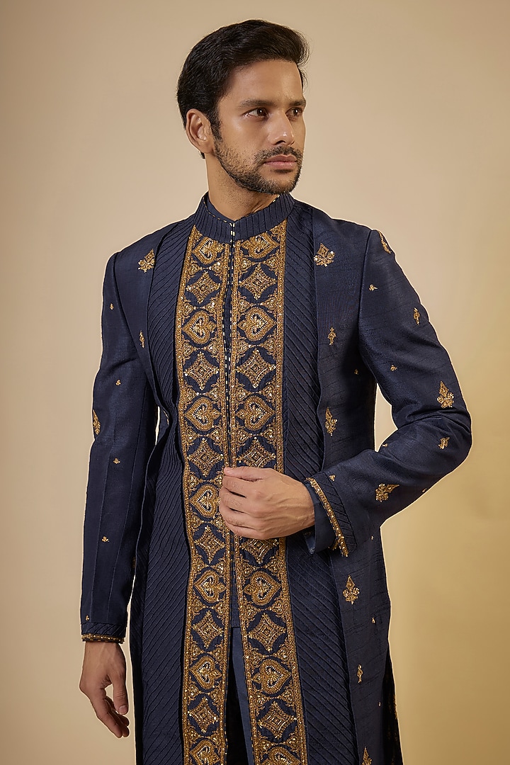 Blue Cotton Silk & Slub Silk Embroidered Groom Sherwani Set by Torani Men at Pernia's Pop Up Shop