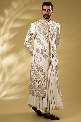 Ivory Viscose Raw Silk Gold Hand Embroidered Sherwani Set by Torani Men