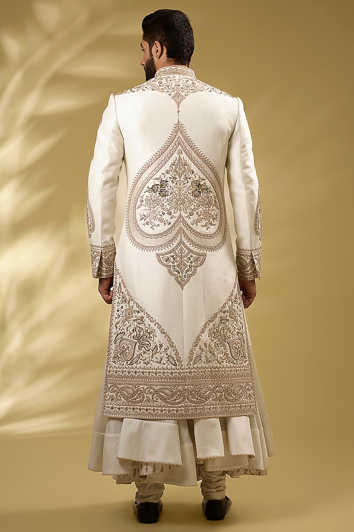 Ivory Viscose Raw Silk Gold Hand Embroidered Groom Sherwani Set by Torani Men at Pernia's Pop Up Shop
