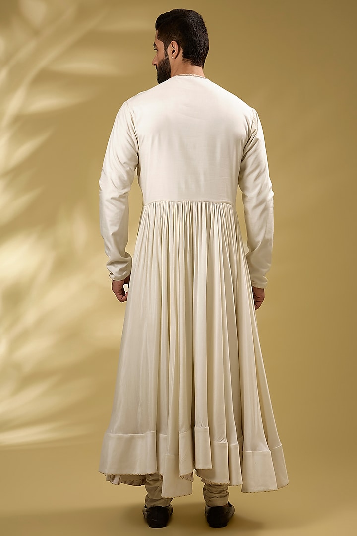 Ivory Viscose Raw Silk Gold Hand Embroidered Groom Sherwani Set by Torani Men at Pernia's Pop Up Shop