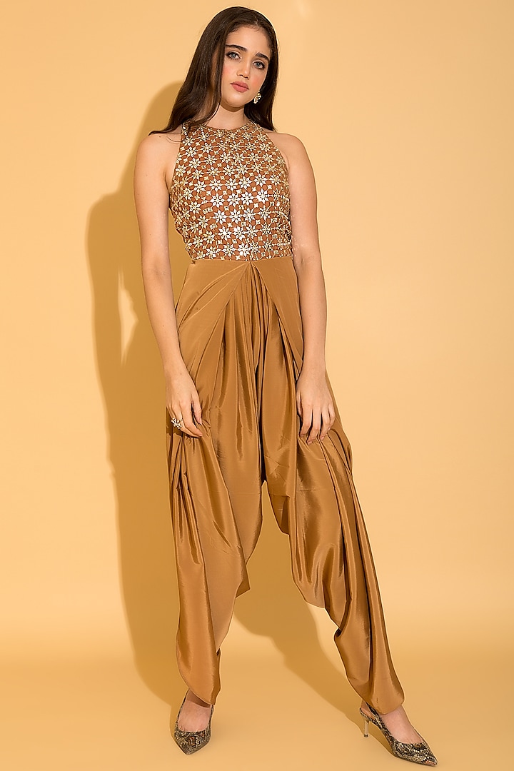 Brown Georgette Embroidered Dhoti Jumpsuit by TORQADORN
