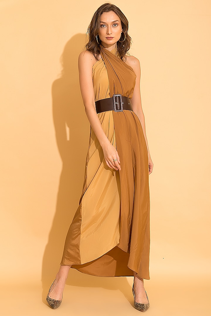 Brown Crepe Color Blocked Maxi Dress by TORQADORN
