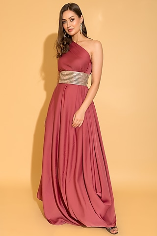Coral Rose Satin Georgette Cowl Dress by TORQADORN