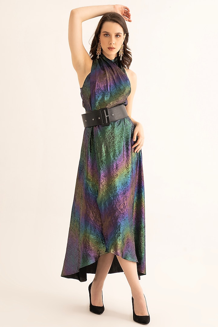 Multi-Colored Georgette Foil Printed Maxi Dress by TORQADORN