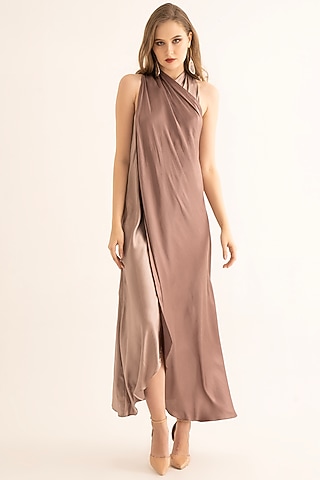 Metallic Dusty Rose Satin Color Blocked Maxi Dress by TORQADORN