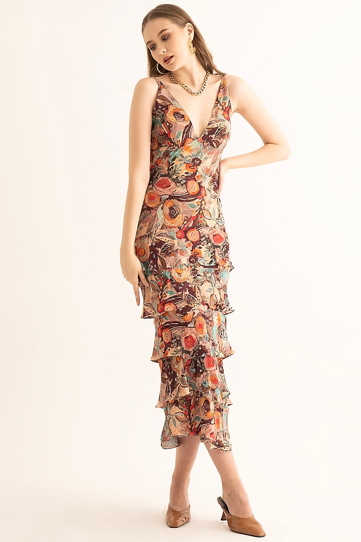 Multi-Colored Chinon Floral Printed Ruffled Maxi Dress by TORQADORN