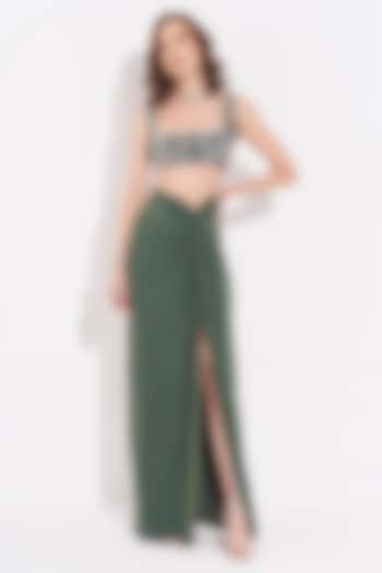 Green Lycra Draped Skirt Set by TORQADORN at Pernia's Pop Up Shop