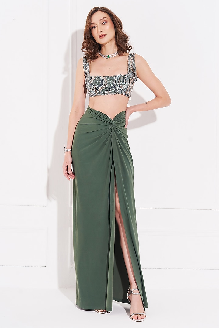 Green Lycra Draped Skirt Set by TORQADORN at Pernia's Pop Up Shop
