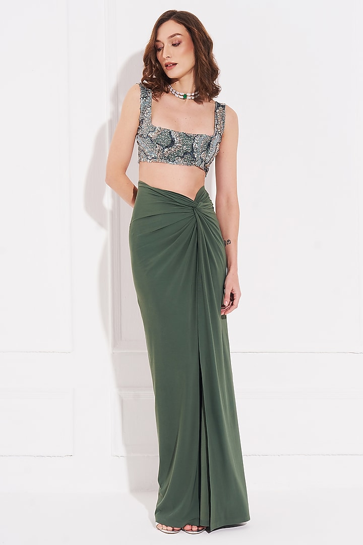 Green Lycra Draped Skirt Set by TORQADORN at Pernia's Pop Up Shop