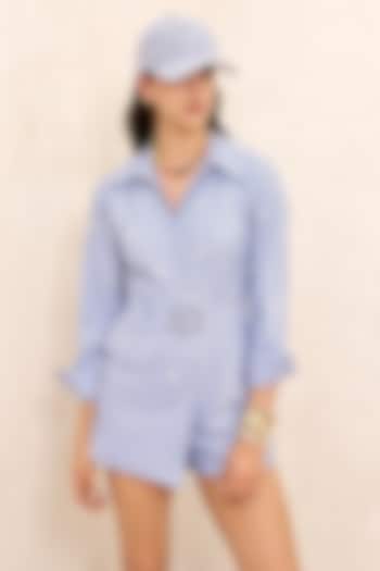 Blue Cotton Stripe Printed & Embellished Jumpsuit With Belt by TORQADORN at Pernia's Pop Up Shop