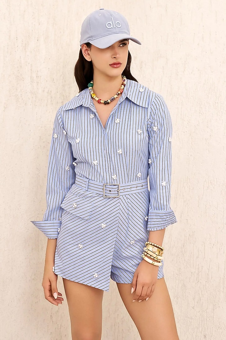 Blue Cotton Stripe Printed & Embellished Jumpsuit With Belt by TORQADORN at Pernia's Pop Up Shop