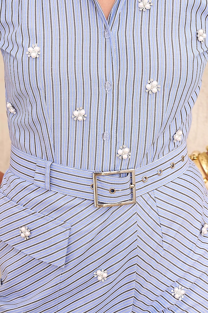 Blue Cotton Stripe Printed & Embellished Jumpsuit With Belt by TORQADORN at Pernia's Pop Up Shop