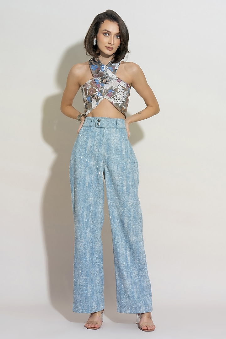 Blue Denim Embellished Jeans by TORQADORN at Pernia's Pop Up Shop