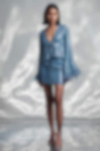 Blue Sequins Georgette Skirt Set by TORQADORN at Pernia's Pop Up Shop