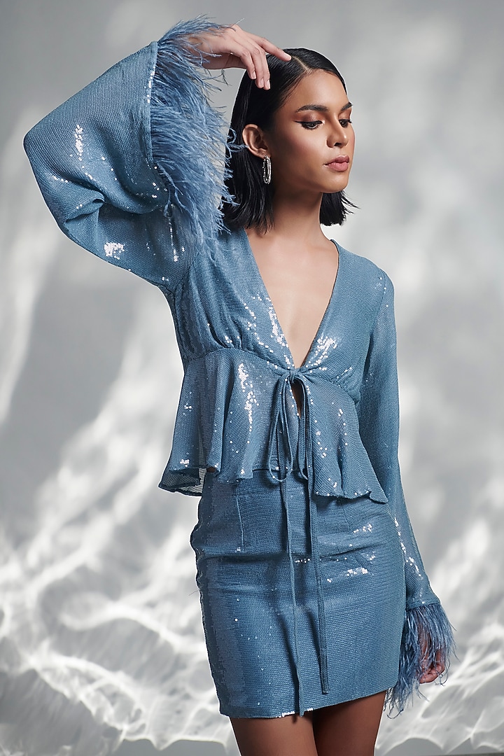 Blue Sequins Georgette Skirt Set by TORQADORN at Pernia's Pop Up Shop