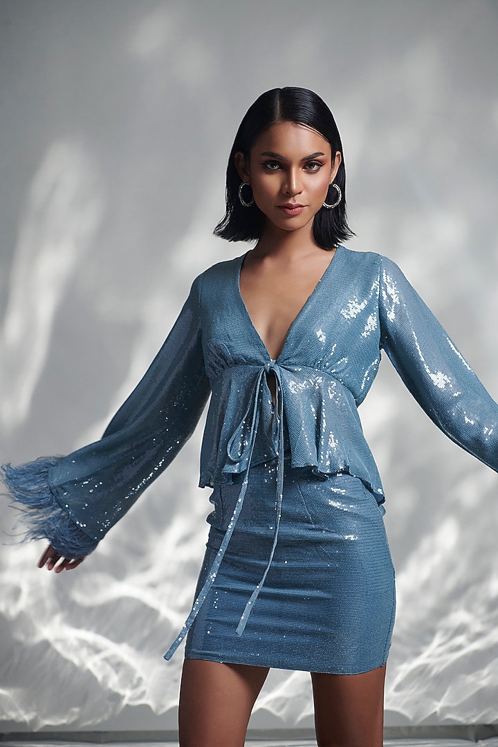 Blue Sequins Georgette Skirt Set by TORQADORN at Pernia's Pop Up Shop