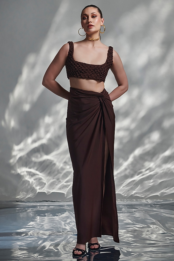 Brown Crepe & Lycra Draped Skirt Set by TORQADORN at Pernia's Pop Up Shop