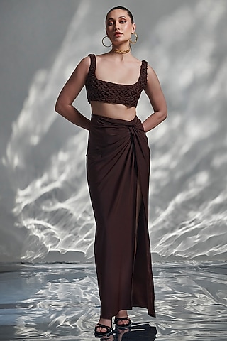 Brown Crepe & Lycra Draped Skirt Set by TORQADORN