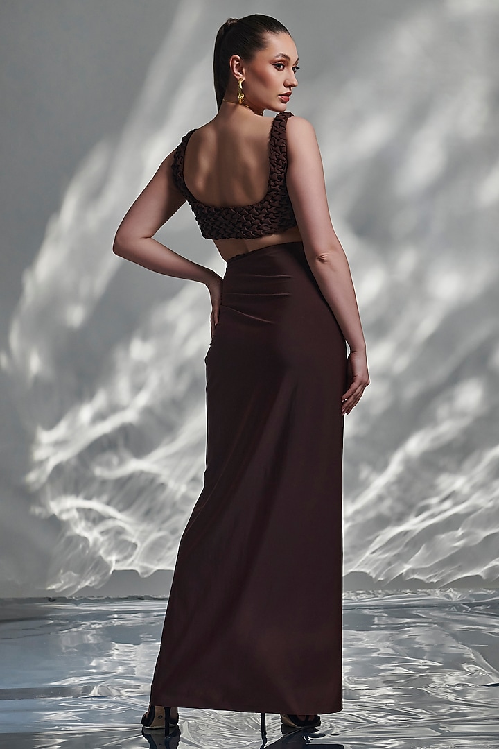 Brown Crepe & Lycra Draped Skirt Set by TORQADORN at Pernia's Pop Up Shop