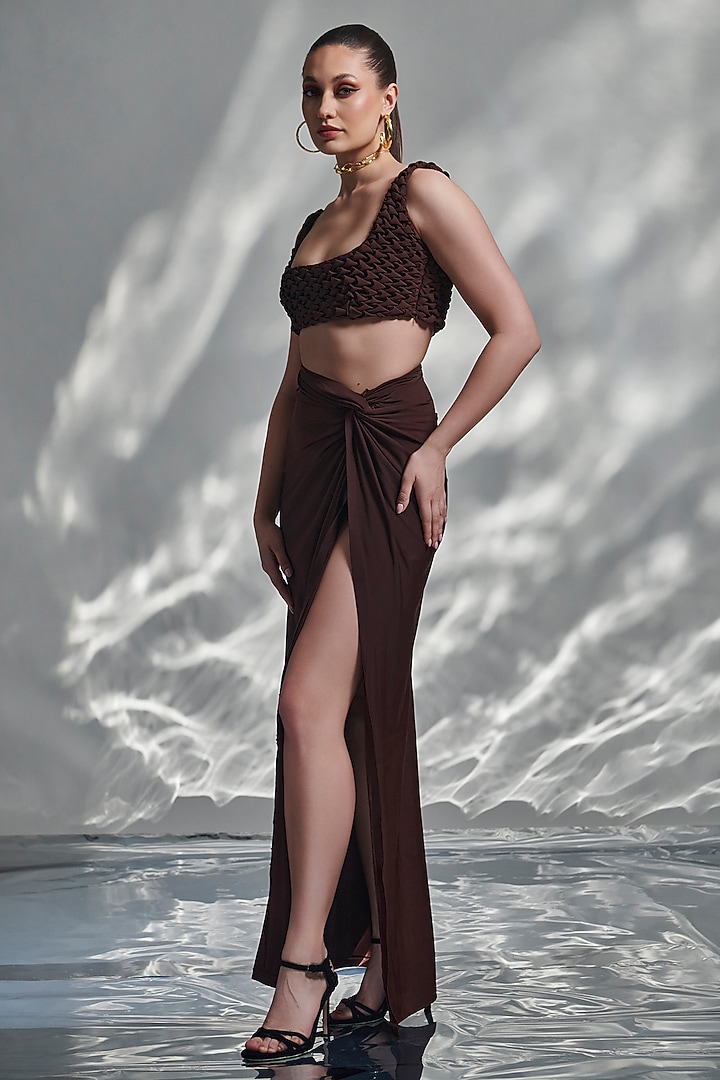 Brown Crepe & Lycra Draped Skirt Set by TORQADORN at Pernia's Pop Up Shop