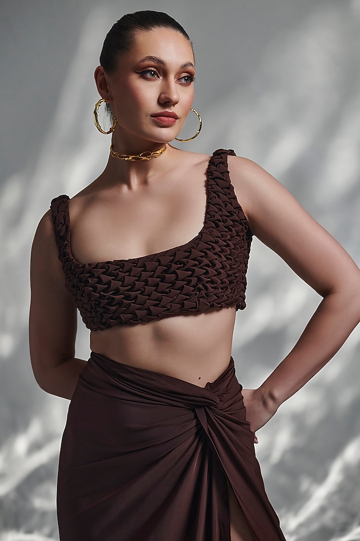 Brown Crepe & Lycra Draped Skirt Set by TORQADORN at Pernia's Pop Up Shop