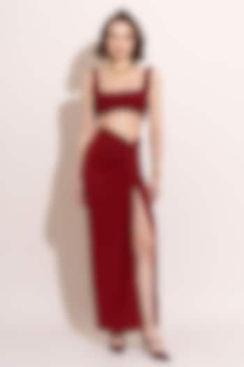 Red Crepe & Lycra Draped Skirt Set by TORQADORN at Pernia's Pop Up Shop