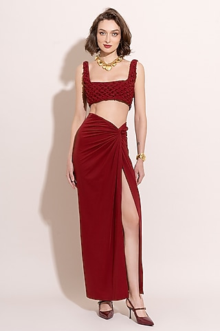 Red Crepe & Lycra Draped Skirt Set by TORQADORN