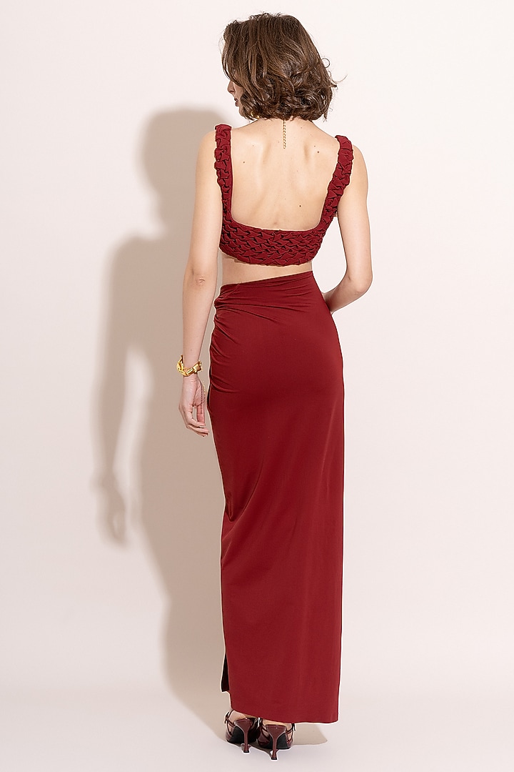 Red Crepe & Lycra Draped Skirt Set by TORQADORN at Pernia's Pop Up Shop