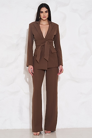Brown Crepe Blazer Set by TORQADORN
