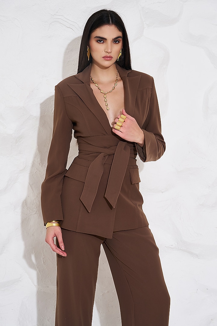 Brown Crepe Blazer Set by TORQADORN at Pernia's Pop Up Shop
